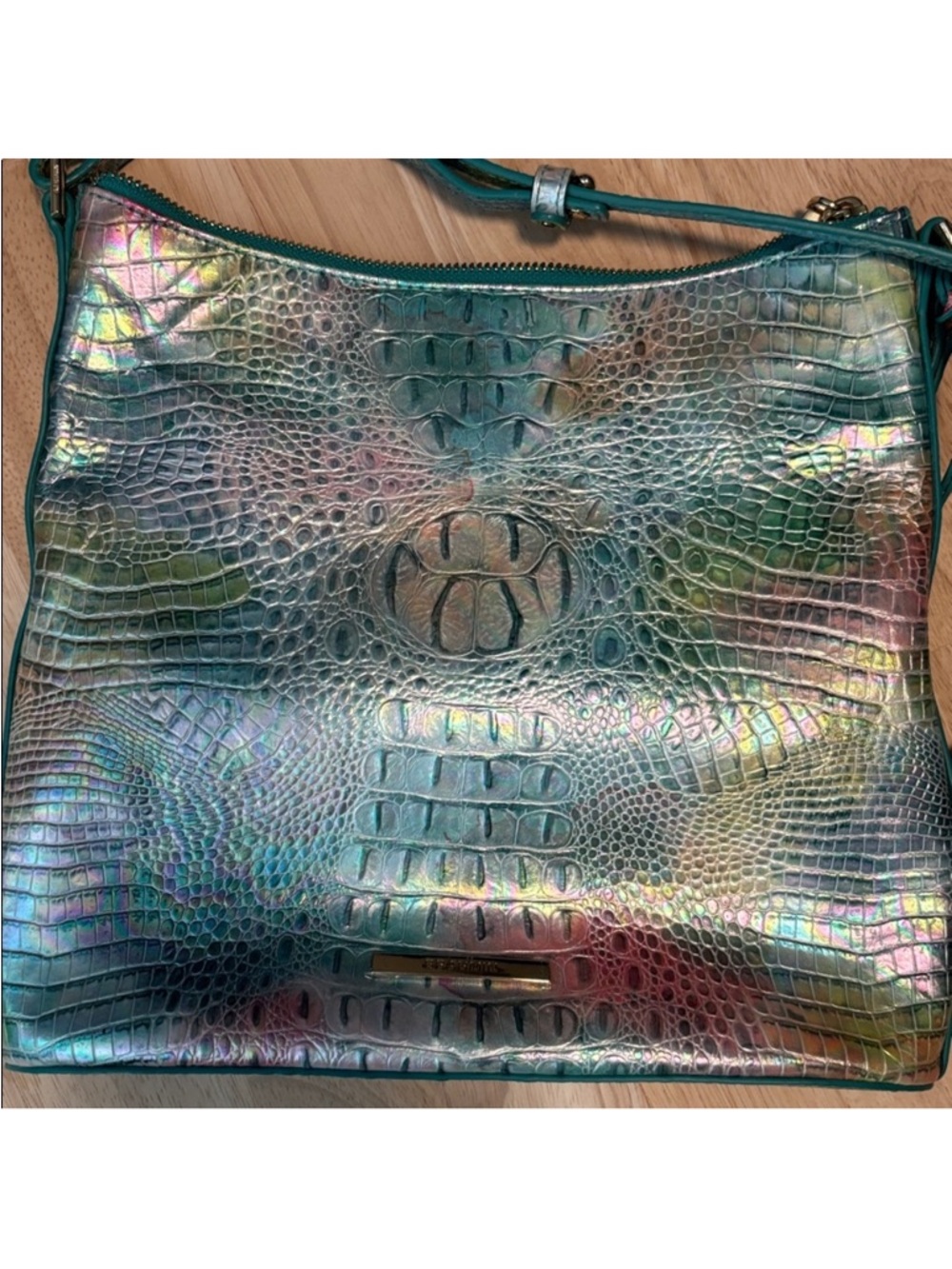 Brahmin Iridescent Croc-Embossed Shoulder Bag - Teal Multi